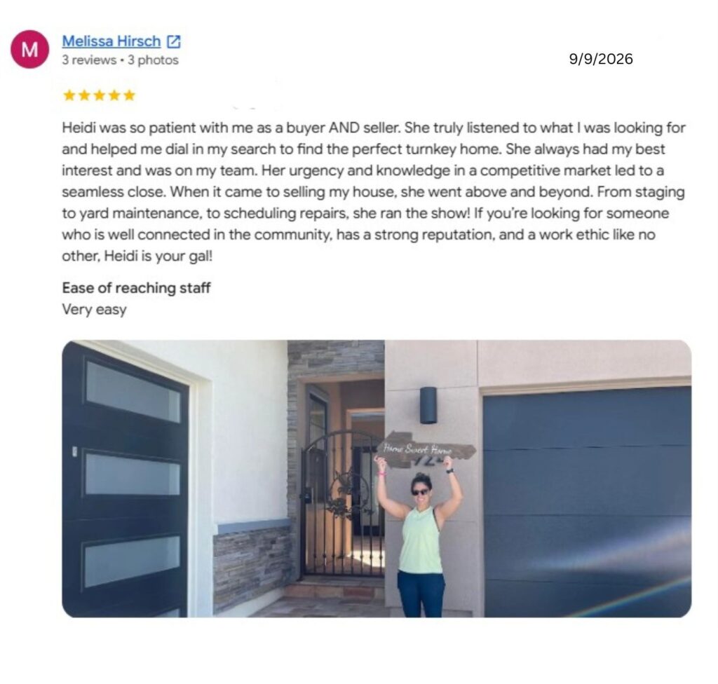 Five-star Google review for Reno real estate agent Heidi Somhegyi at RE/MAX Gold, submitted by client Melissa Hirsch highlighting local home buying services in Reno and Sparks, Nevada.