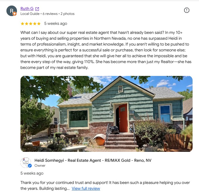 5 star google review by ruth g. – heidi somhegyi, re/max gold reno